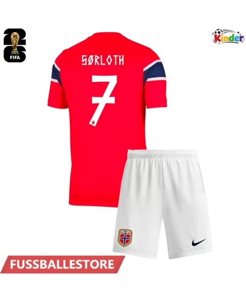 Günstige Norwegen Alexander Sorloth #7 Heimtrikotsatz Kinder WM 2026 Kurzarm (+ Kurze Hosen)